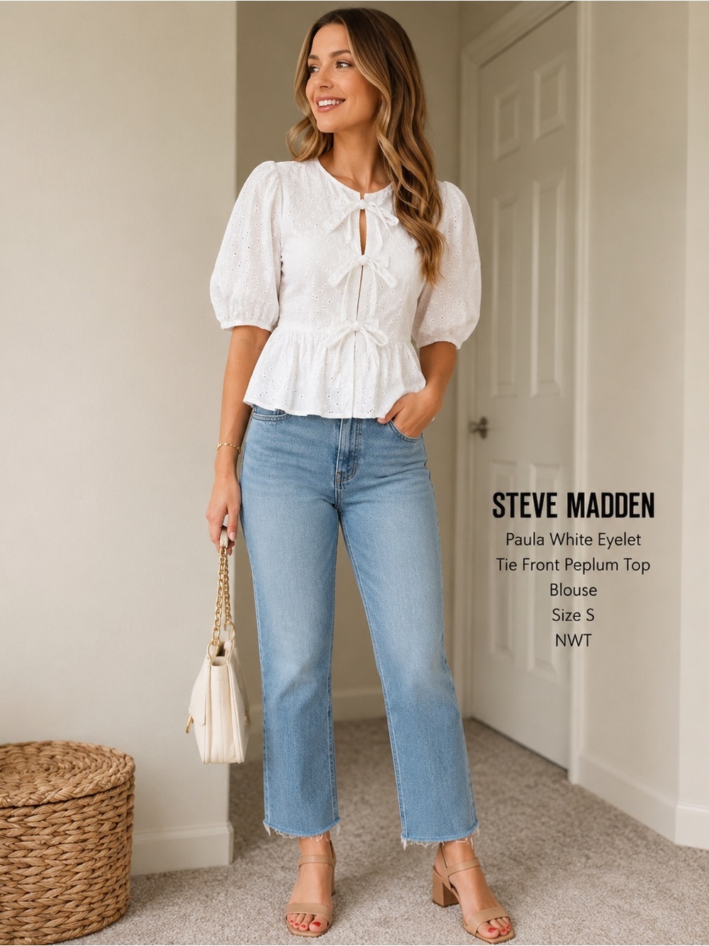 Steve Madden Paula White Eyelet Tie Front
Peplum Top Blouse S NWT